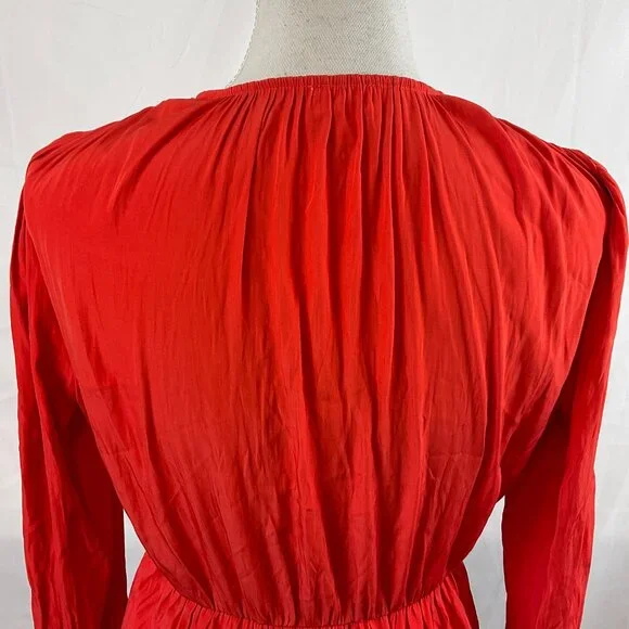 Wilfred Tie Top S Cherry Orange-Red Pucker Pleats Long Sleeve - Picture 9 of 11